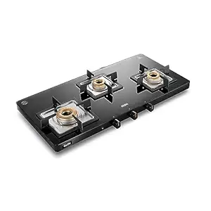 Glen 3 Burner Toughened Glass Top |Ultra Slim LPG Gas Stove|Black|High Flame Forged Brass Burners|Auto Ignition|ISI Certified | Revolving Nozzle | 5 Year Warranty On Glass, Valve Burner| 1035 US BL AI