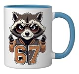 67 Meme Raccoon Six Seven High School Varsity Letterman Ceramic Mug, Blue/White