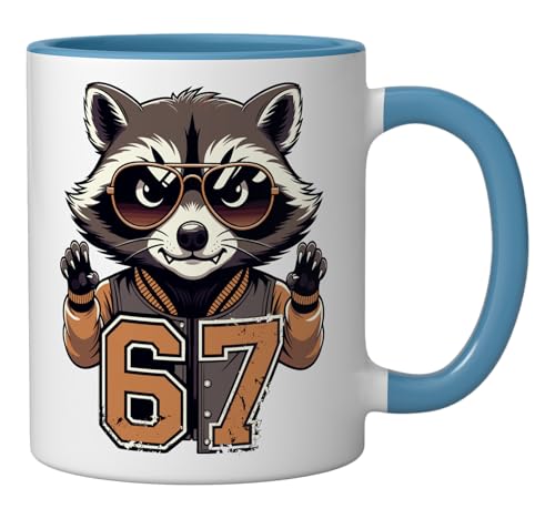 67 Meme Raccoon Six Seven High School Varsity Letterman Ceramic Mug, Blue/White