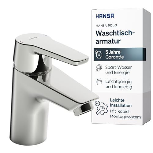 HANSA POLO Waschtischarmatur I Wasserhahn Badezimmer mit Temperatur & Wassermengenbegrenzer | Mischbatterie Bad aus Messing | Einhebelmischer Waschbecken | Chrom