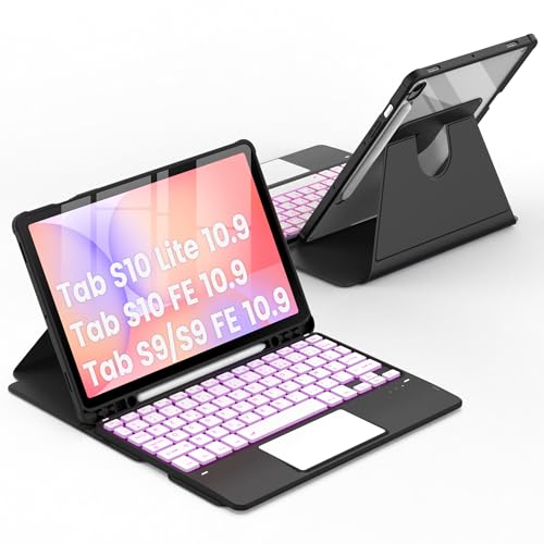 CACOE Étui Clavier Rotatif 360° pour Samsung Galaxy Tab S10 Lite 5G / S10 FE / S9 FE / S9 10.9" /11" (2025/2023) avec Pavé Tactile, Rétroéclairage 7 Couleurs, Noir