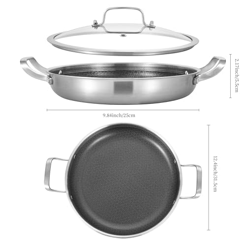 Inqibee 12-Inch Hybrid Tri-Ply Stainless Steel Non Stick Paella Pan with Lid,Stir Fry Pan,Omelet Pan,Large Skillet,Induction Cooking Pan,Dishwasher and Oven Safe.