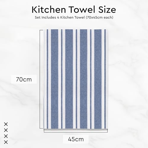 Image of Encasa XO Kitchen Towels Cotton Pack of 4 | 70x45 cm, Franca Blue Stripes - Dish Cloths | Highly Absorbent Cleaning & Wiping Cloths for Kitchen | Reusable Tea Towels