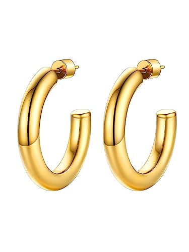 Image of Stainless Steel Chunky Hoop Earrings For Women, Minimalist and Chic, Black /Gold Plated, Round Hoops Earrings Hypoallergenic, Size: 30mm /40mm /60mm /80mm, Come with Box