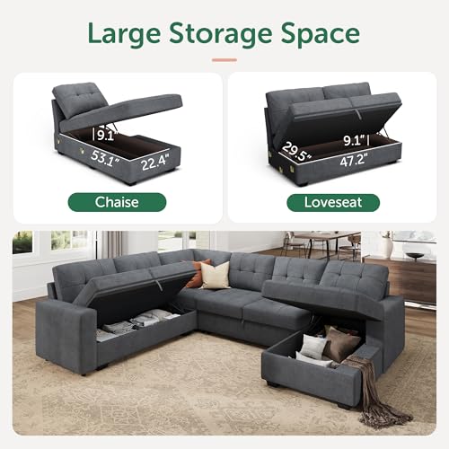 Image of HONBAY Modular Sectional Sleeper Sofa with Pull Out Bed, U Shaped Sleeper Couches with Storage Chaise, 114'' Sleeper Sectional Sofas for Living Room, Apartment (Bluish Grey)