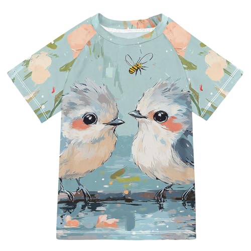 Cute Tufted Titmouse Birds A River Bathing Suit Kids Short Sleeves Rash Guard Boys Swimwears Shirts for Big Boys 11-12Y