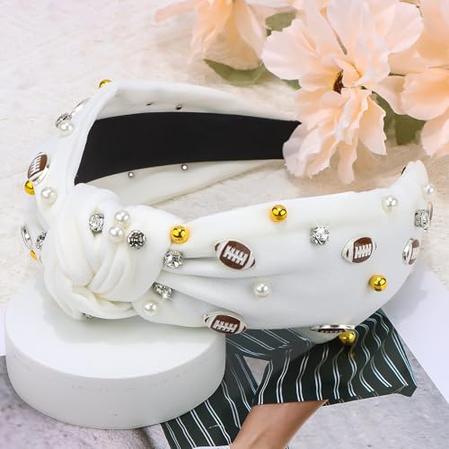 White Football Headband Pearl Rhinestone Jeweled Knotted for Girl's Fashion Cute Wide Headband for Game Day