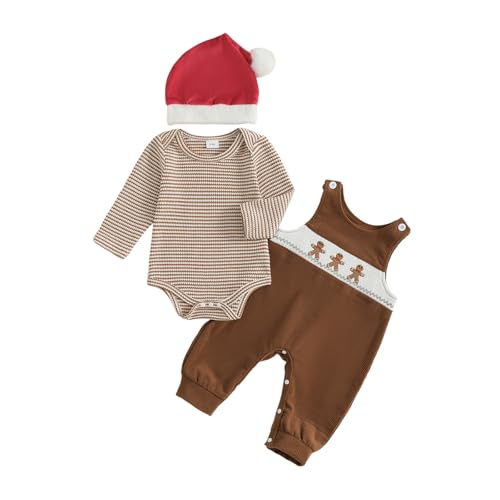 HYADRBLEBY Baby Boy Christmas Outfit Newborn Long Sleeve Smocked Romper Overalls Pants Hats 3Pcs Boy First Christmas Outfit (Gingerbread 6-9 Months)