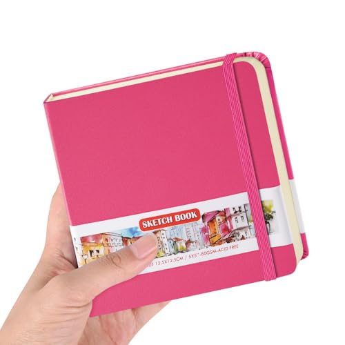 Image of 5x5 Pocket Sketch Book,80gsm Hardcover Art Sketchbook for Drawing Journal | PU Cover,Blank Paper,96Sheets /192Pages,Lay-Flat,Portable Travel Creation Paint Diary Memo Planner,Dry Media.Rose Pink