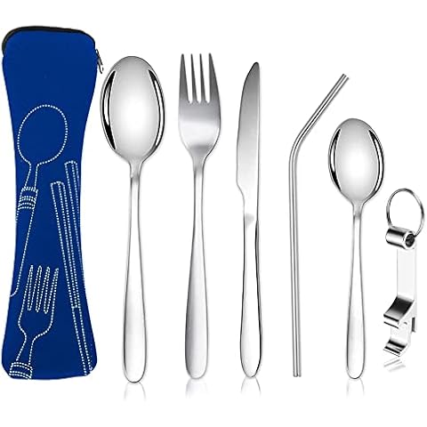 6-Stück Tragbares Campingbesteck Set,304 Edelstahl Bestecksets Essbesteck Cover