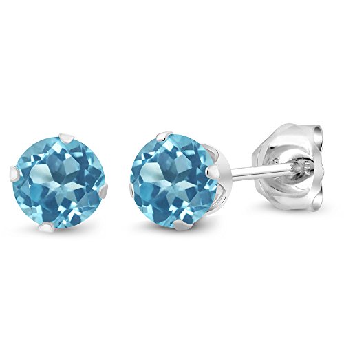 Gem Stone King 925 Sterling Silver Swiss Blue Topaz Stud Earrings, 0.66 Ctw Round Gemstone Birthstone 4MM
