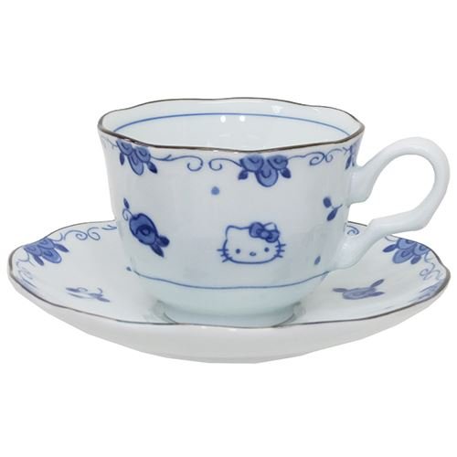 Kanesho poterie Sanrio Hello Kitty Rose bleue miniature japonais Tasse à thé et soucoupe Lot 307738