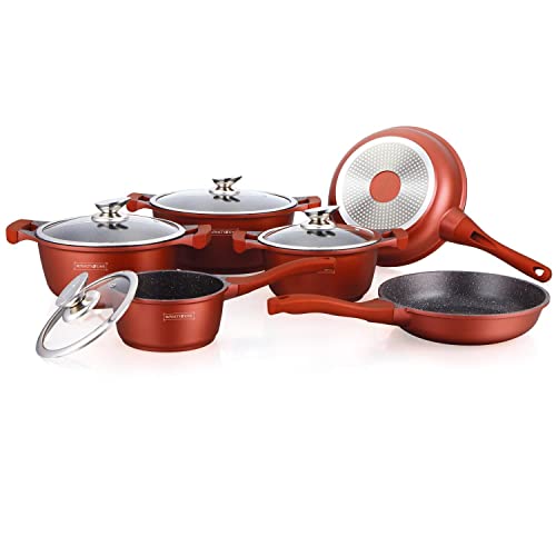ROYALTY LINE, Juego de 13 piezas, Batería de cocina de aluminio fundido, revestimiento marmolado, con mangos de silicona extraíbles, compatible con todas las fuentes de calor, Color bronce