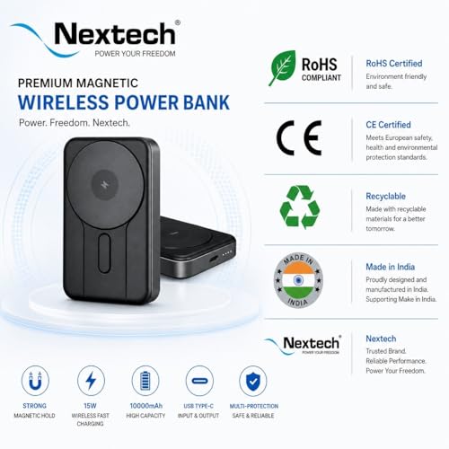 Image of Nextech Mag-Safe Magnetic Wireless Power Bank 10000mAh | 22.5W Fast Charging PD Type C | 15W Powerbank for iPhone & Android | Compact Slim Portable Charger with LED Indicator - Metallic Grey