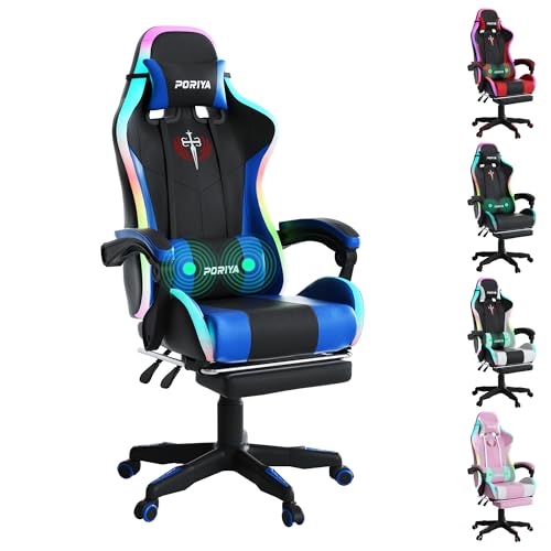 PORIYA Gaming Chair with Adjustable Backrest Ergonomic Executive Office Chair Height Adjustable Racing Chair Maximum Gaming Experience (Blue Massage&LED)