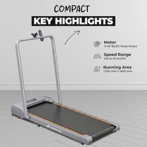 Image of Compact 3HP Peak BLDC Motor Treadmill with Mobile Stand & Remote Control | 120 kg User Capacity | 10km /h Max Speed | LED Display with Foldable Under-Desk Design | Home Use | Grey
