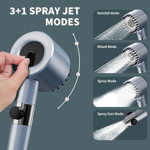 Duschkopf mit Schlauch, Duschbrause mit Schlauch 1,5M, Duschkopf Wassersparend mit Filter, 4 Strahlarten Sparduschkopf Handbrause Dusche für Hartes Wasser, Filter Shower Head, Grau