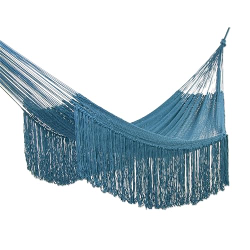 NOVICA Cotton Rope Hammock Turquoise from Mexico Double Blue Solid Bohemian Tropical Decor 'Caribbean Blue Cascade'(Double)