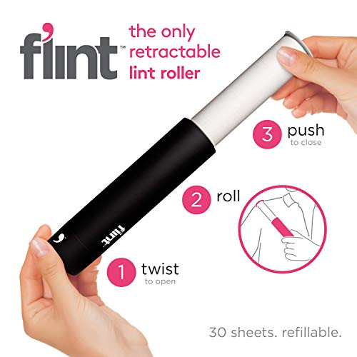 Flint Retractable Lint Roller, Refillable, 30 Sheets, Black