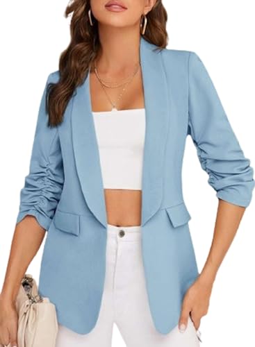 Happy Sailed Blazer for Women 2024 Business Casual Ruched Sleeve Lapel Collar Open Front Cardigan Jackets Formal Elegant Solid Color Office Work Blazer Jackets Mist Blue Small