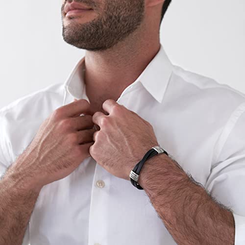 Myka - Personalized Criss-Cross Men Leather Bracelet With Up To 4 Inscriptions - Stainless Steel - Dainty Gift For Him, Father, Boyfriend For Father's Day, Birthday (Stainless Steel) #TOP1
