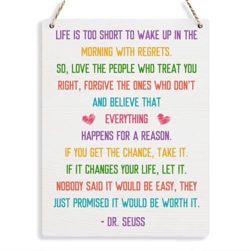 Motivational Wall Art Life Is Too Short To Wake Up With Regrets Quote Wall Decor Inspirational Gifts Dr Seuss Decorations Wood Hanging Sign for Office Classroom Nursery Bedroom Wall Decor 8x10 Inches