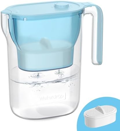 Waterdrop 200-Gallon Long-Life Water Filter Pitcher, NSF Certified Water Purifier, Replaces 6,400 Plastic Water Bottles a Year, Reduces Chlorine, PFOA/PFOS, 7-Cup, Blue