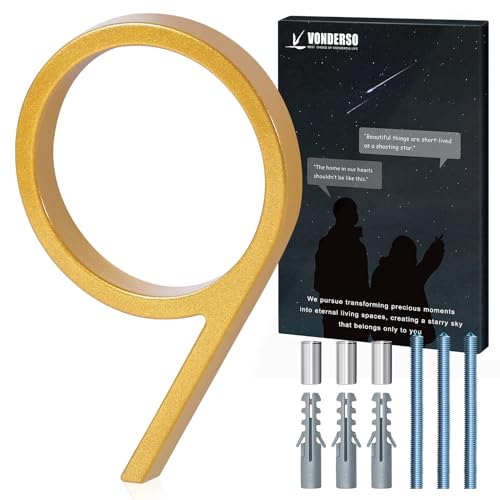 VONDERSO 6 Inch Floating House Numbers for Outside,Modern Metal Address Number 9,Durable Weather-Resistant Gold Powder Coated Finish,No Fading (Gold)