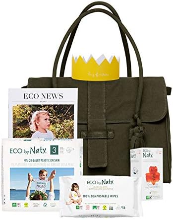 Eco by NatyNappy Bag Green, Made of GOTS certified organic cotton, Magnetic closure, includes Nappies size 3 and Unscented wipes