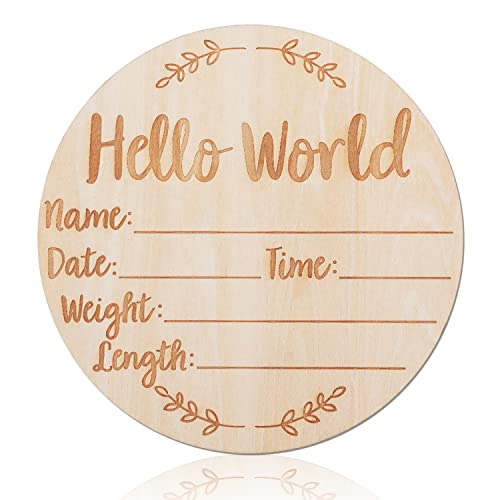 Wooden Baby Announcement Sign, 5.9 Inch Round New Baby Sign Hello World Newborn Welcome Sign for Hospital Photo Prop Baby Shower New Parents (Style 2)