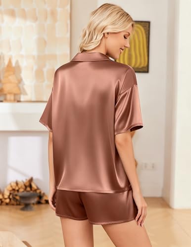 Image of Ekouaer Womens Satin Pajama Set Short Sleeve Button Down Sleepwear 2 Piece Silky Pj Set Soft Loungewear for Ladies