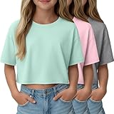 LessonZoo 3 Pack Girls Short Sleeve Crop Tops Kids Oversized Crew Neck Cropped Athletic T Shirts Basic Tees Size 5-14 Years(Light Gray, Mint Green, Light Pink,13-14 Years)