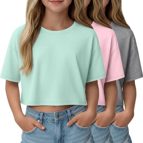 LessonZoo 3 Pack Girls Short Sleeve Crop Tops Kids Oversized Crew Neck Cropped Athletic T Shirts Basic Tees Size 5-14 Years(Light Gray, Mint Green, Light Pink,13-14 Years)