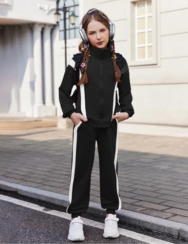 Zaclotre Girl's 2 Piece Outfits Zip Up Sweatsuit Contrast Striped Sweatshirt Sweatpant Sets Jogging Track Suit2