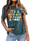 Book Lover Shirts Women It's a Good Day to Read a Book Funny Graphic Print Teacher Tee Tops Bookworm Reading T-Shirt Green