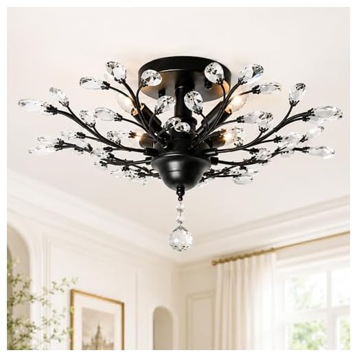 Garwarm 4 Lights Vintage Crystal Chandeliers Ceiling Lights LED Light Crystal Pendant Lighting Ceiling Light Fixtures Chandeliers Lighting for Living Room Bedroom Restaurant Porch Chandelier(Black)