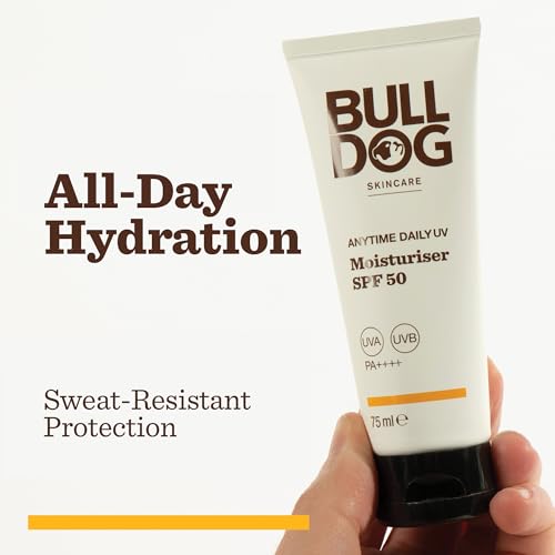 BULLDOG SKINCARE Anytime Daily UV Moisturiser SPF 50 For Men 75 ml, Safflower Seed Extract, Protects & Hydrates Skin, Suitable For All Skins