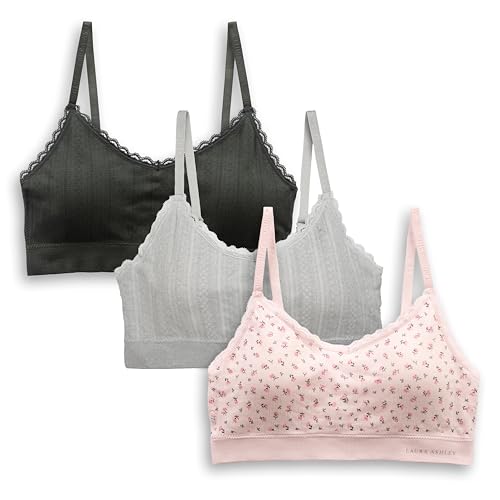 Laura Ashley Women's Pointelle and Lace Bralette Set, Seamless Wirefree Padded Bralettes, 3-Pack (US, Alpha, Large, Regular, Regular, Pearl Ditsy/Lt Heather/Carbon Green)