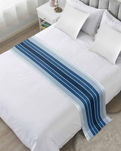 Yukro Gradient Bed Runner Scarf, Minimalist Country Dark Blue Gradient Stripes Queen Bed Scarf Runner, No Fading Decorative Bedding Scarf for Bedroom Hotels Homes and Guestrooms