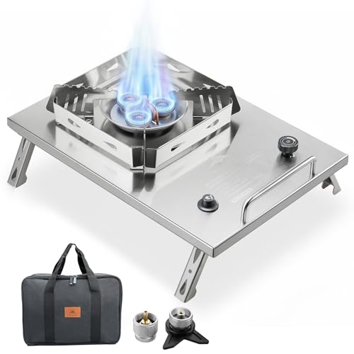 Camping Stove Portable Foldable Stainless Steel Windproof Gas Stove with Electronic Ignition Adjustable Flame 25591 BTU Output Includes Carry Bag for IGT Table Outdoor Camping & Party Cooking