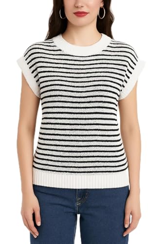 Women’s Striped Knit T-Shirt – Summer Cap Sleeve Pullover Top – Casual Round Neck Tee – Black