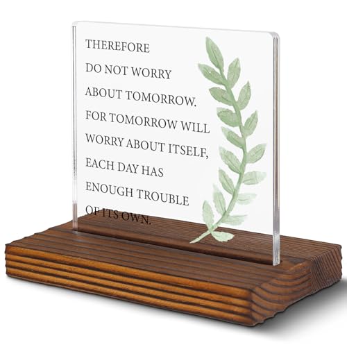 Image of Matthew 6:34 Bible Verse Plaque Do Not Worry About Tomorrow Clear Desk Decorative Sign, Scripture Home Nursery Church Office Decor Spiritual Christian Gifts for Women Family Friend EDC88