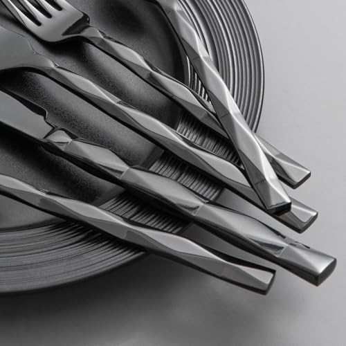 Image of KINGSTONE Black Silverware Set, Luxury 40 Piece Flatware Set for, 18 /10 Stainless Steel Cutlery Set with Diamond Cut Pattern for Kitchen, Home, Wedding, Party, Mirror Polished and Dishwasher Safe