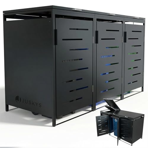 Juskys Cache-Poubelle Arel - Box de Jardin en métal pour 3 poubelles de 120l - Box de Rangement verrouillable - Abri avec Toit & vérin à gaz - Anthracite