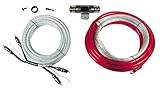 High End Verstärker Kabelkit bis 1300 Watt; 1 x 16 mm² Stromkabel (rot), 5 m; 1 x 16 mm² Massekabel (rauchgrau), 1 m; 1 x Verdrilltes RCA Stereokabel (transparent silber), 3-fach abgeschirmt, richtungsgebunden, Metallstecker, 5 m; 1 x 0,5 mm² Steuerleitung, 5 m; 1 x Mini-ANL-Sicherungshalter mit 80 A Mini-ANL-Sicherung; Installationszubehör