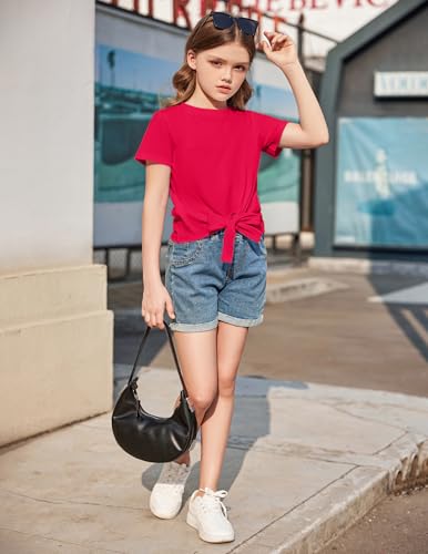 Image of Arshiner Girls Short Sleeve Shirts Tie Knot Front Tops T Shirts for Kids Crewneck Cute Casual Tie Dye Tee Blouse