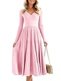 Saodimallsu Womens Long Sleeve Midi Sweater Dress Wrap V Neck Pleated A Line Fit Flare Elegant Knit Maxi Dress Pink