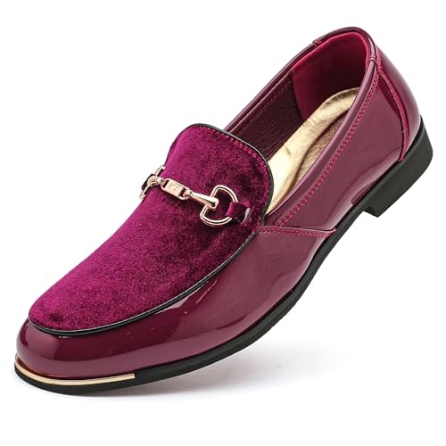 FLQL Men's Luxury Velvet Patent Laether Loafers Leather Oxford Classic Gold Buckle Slippers Party Prom Club Dress Shoes Size 7-13