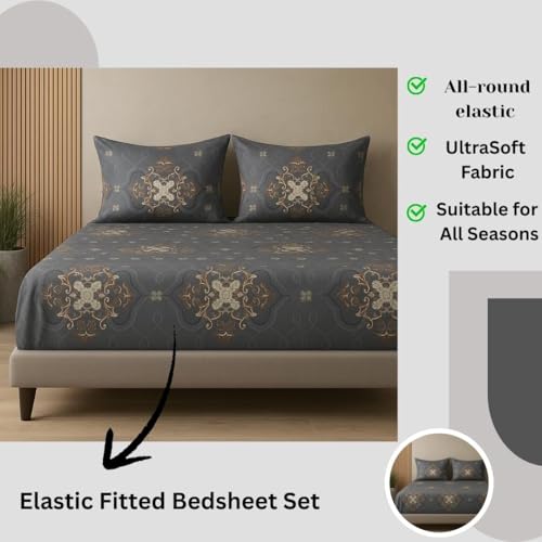 Image of 400TC Cotton Feel Glace Cotton Double Bed Elastic Fitted Bedsheet King Size Set || Includes 1 Elastic Bedsheet King Size with 2 Pillow Covers (78 x 72 Inches, Perth)