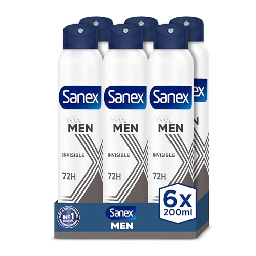 Sanex Men Invisible Antitranspirante Desodorante Spray Pack 6 x 200ml, 72 horas protección contra el sudor y el olor, Anti-manchas, Fórmula anti-irritación, Neutraliza el mal olor, 0% alcohol*